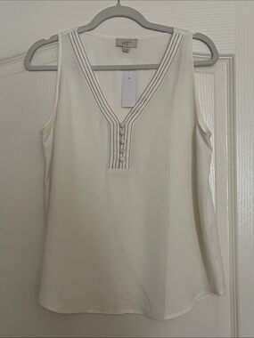 LOFT Cream V-Neck sheer Sleeveless Shell with Button Placket